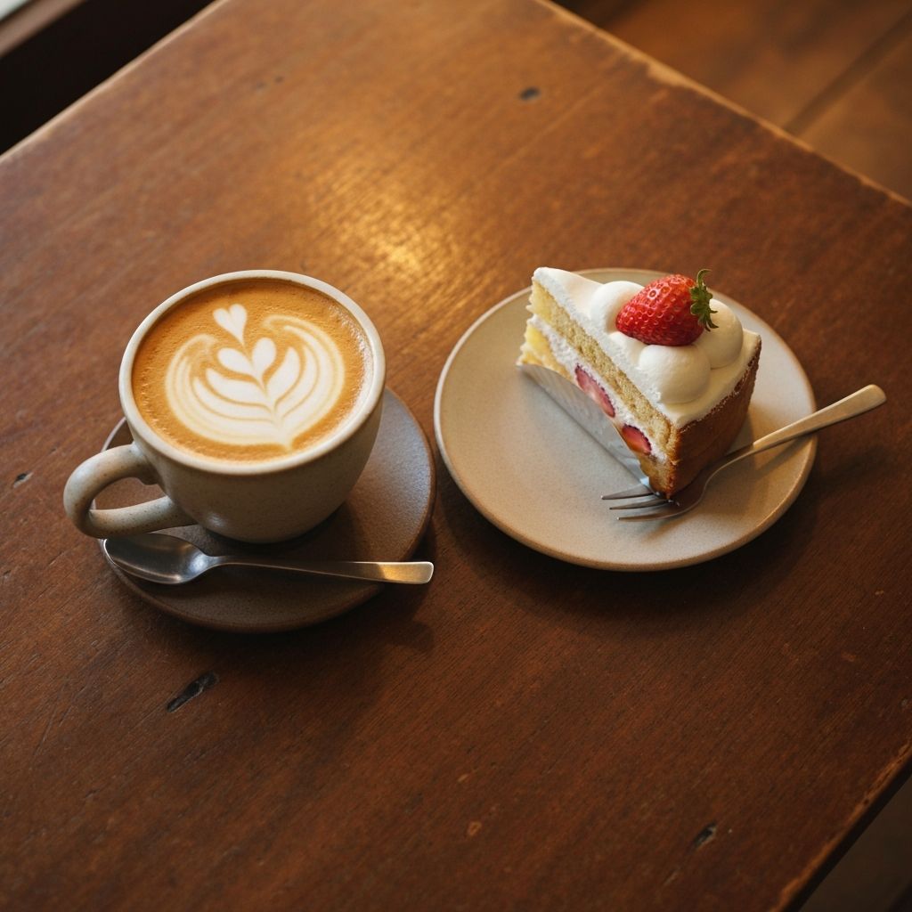Flat white coffee and a slice of homemade cake