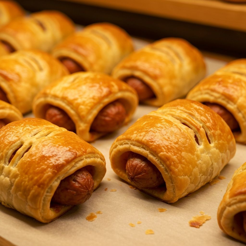 Golden flaky sausage rolls on parchment paper